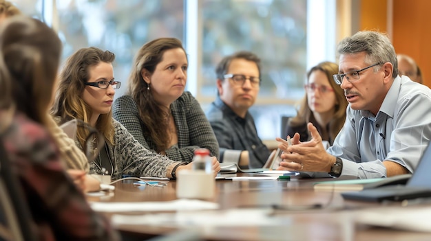 A group of people are sitting around a table having a meeting There are five people in the group four women and one man