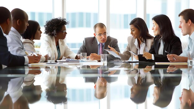 Photo a group of people are sitting around a table having a meeting there are five people in the group three men and two women