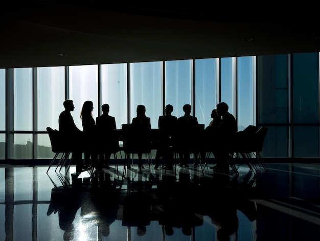 A group of people are sitting around a table in a meeting room.