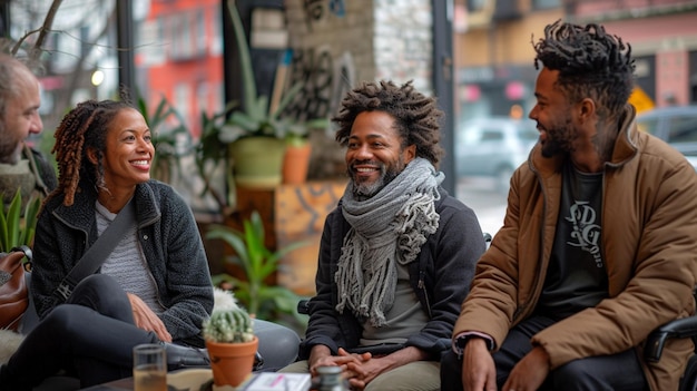 A group of people are sitting around a table smiling and laughing