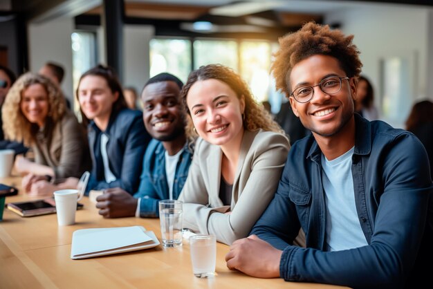 Foto un gruppo di persone è seduto attorno a un tavolo sorridendo e posando per una foto