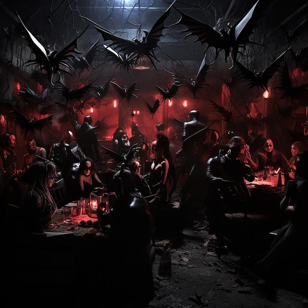 a group of people are sitting around a table with bats and birds.