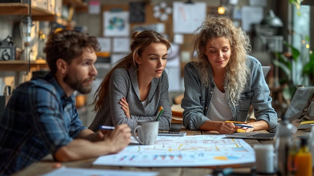 a group of people are sitting around a table with a map on it