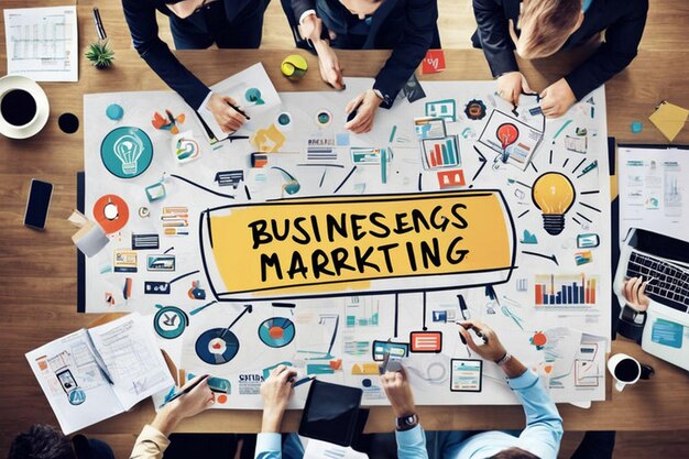 Photo a group of people are sitting around a table with a sign that says business and business