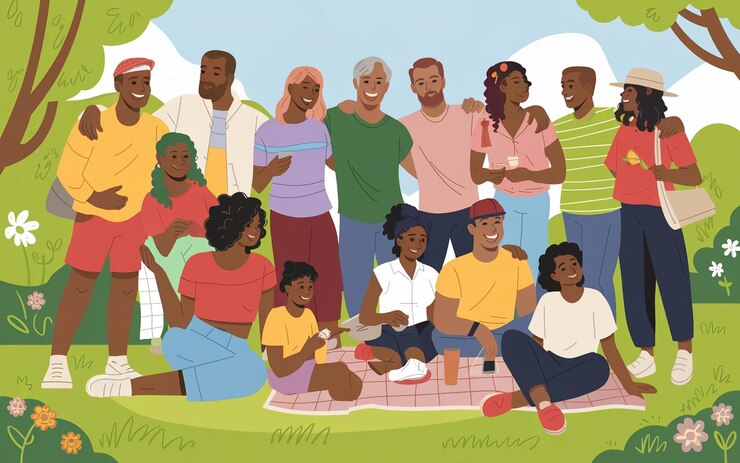 a group of people are sitting on a blanket and one is wearing a yellow shirt