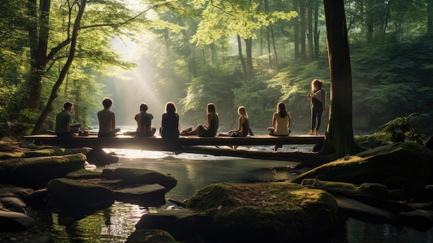 A group of people are sitting on a bridge over a river meditating and practicing yoga