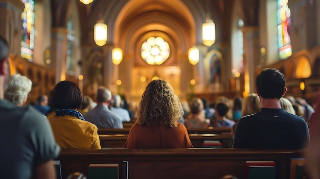 Photo a group of people are sitting in a church the focus is on the woman in the center with curly hair she is wearing a brown sweater