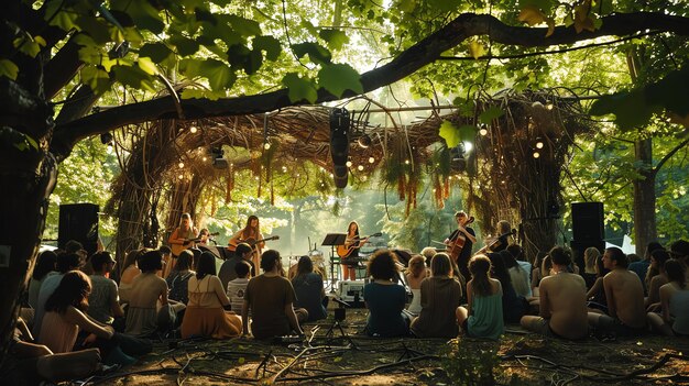 Foto un gruppo di persone è seduto in cerchio in una foresta stanno ascoltando una band che suona musica la band è composta da un uomo e una donna