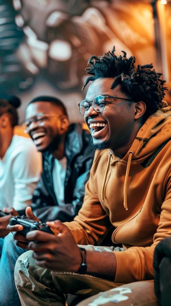 Photo a group of people are sitting on a couch and laughing