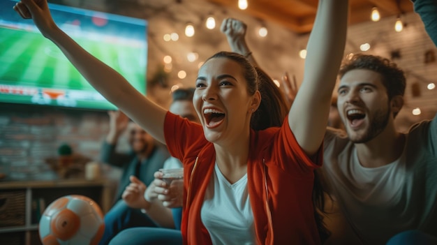 Photo a group of people are sitting on a couch watching a soccer game on a television aig