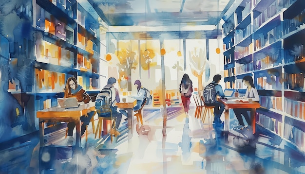 a group of people are sitting on couches in a library reading books