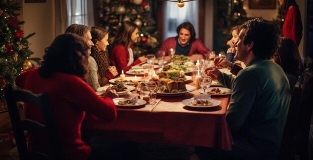 Foto un gruppo di persone si siede attorno al tavolo per mangiare a natale