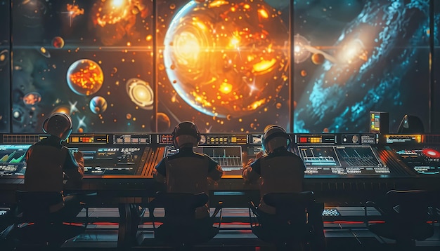 Photo a group of people are sitting in front of a computer monitor that shows a planet