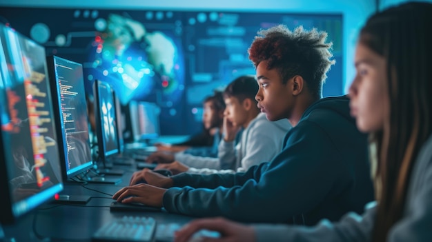 A group of people are sitting in front of computer monitors in a computer lab AIG41