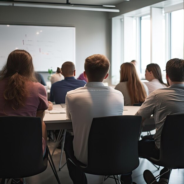 A group of people are sitting in a meeting room, one of them is wearing a white shirt.