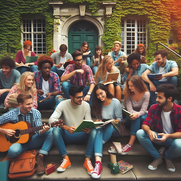 a group of people are sitting on steps with a guitar
