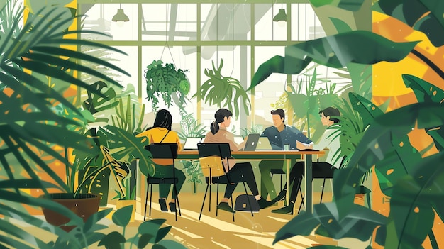 Photo a group of people are sitting at a table in a greenhouse they are surrounded by lush green plants and flowers