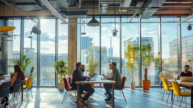 Photo a group of people are sitting at a table in a modern office space they are talking and laughing and they look happy and relaxed