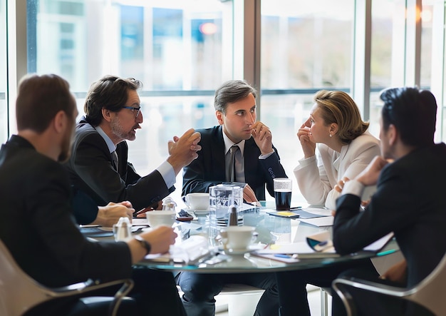 a group of people are sitting at a table and one has a finger in his mouth