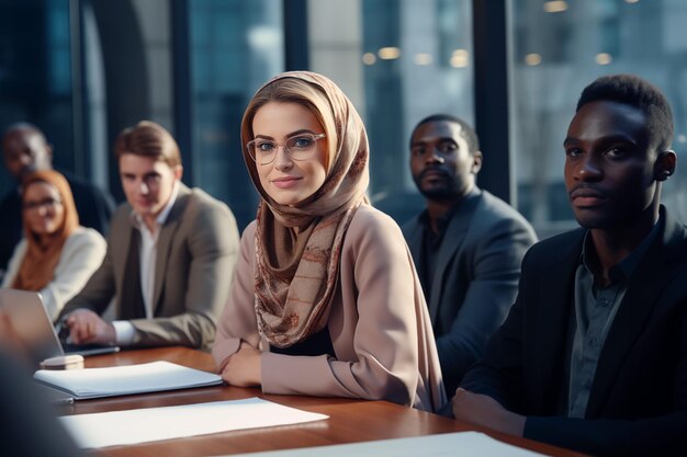 Foto un gruppo di persone è seduto a un tavolo uno dei quali indossa una sciarpa