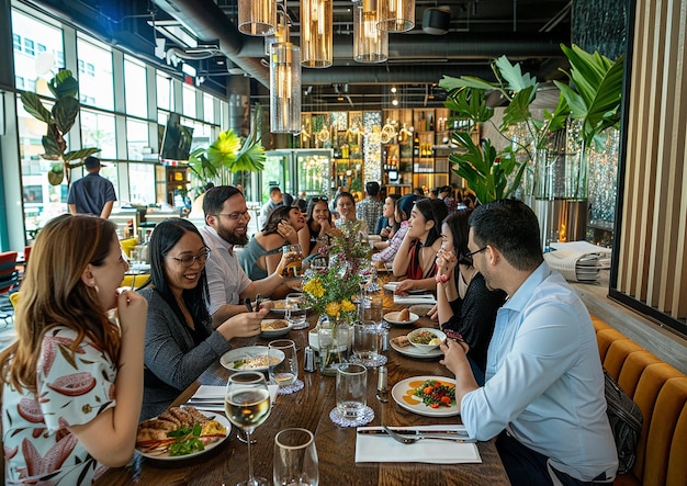 a group of people are sitting at a table with food and drinks