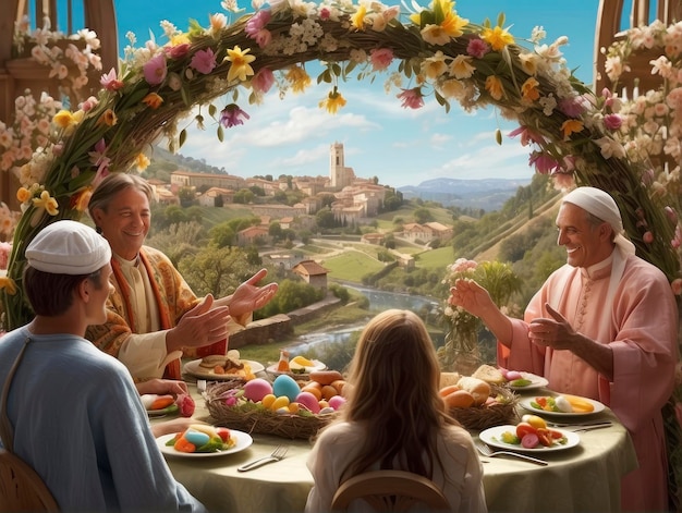 a group of people are sitting at a table with food and flowers on it