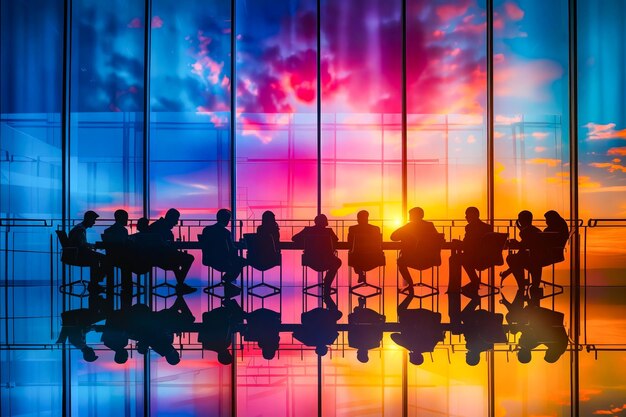 A group of people are sitting at a table with a sunset in the background