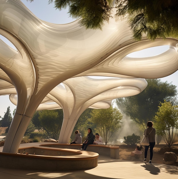 a group of people are standing around a fountain and one of the sculptures is made of natural materials.