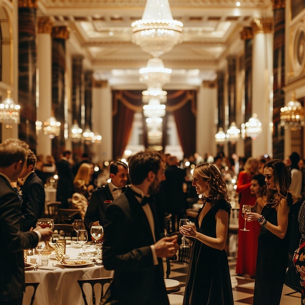 Photo a group of people are standing around a table with glasses of wine