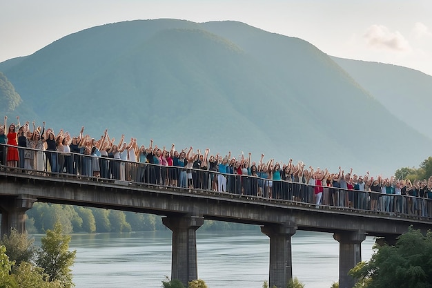 Photo a group of people are standing on a bridge with their arms raised