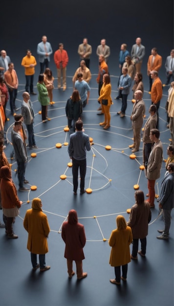 Foto un gruppo di persone in piedi in un cerchio con linee sul pavimento