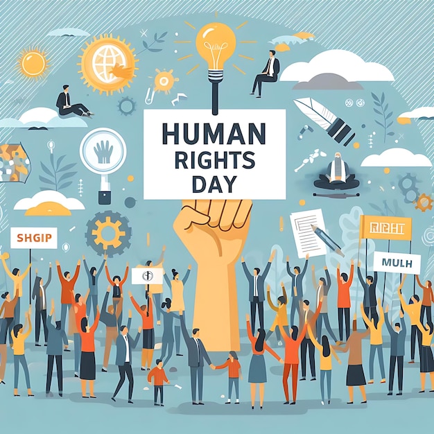 Photo a group of people are standing in a circle with the words human rights day on the bottom