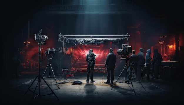 Группа людей стоит в темной комнате с красным фоном