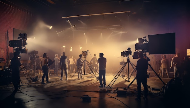 A group of people are standing in a dark room with a spotlight on them