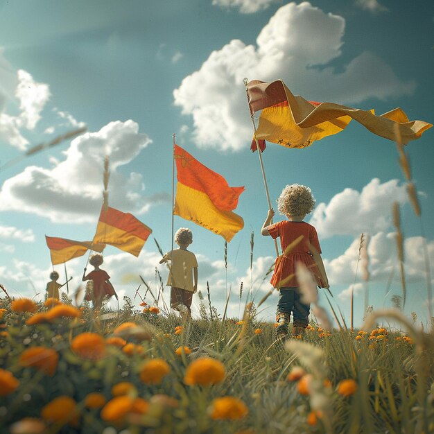 a group of people are standing in a field with flags in the foreground