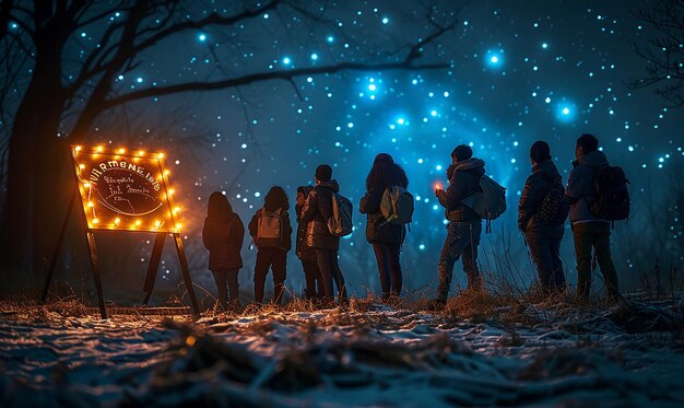 a group of people are standing in a field with a star filled sky with stars