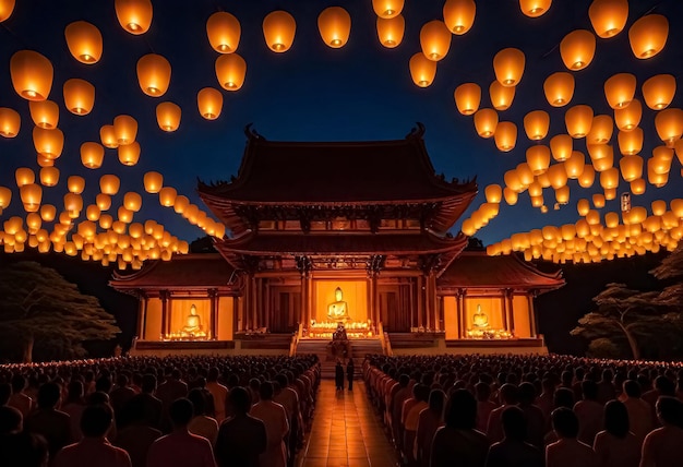 Photo a group of people are standing in front of a building with lanterns lit up at night
