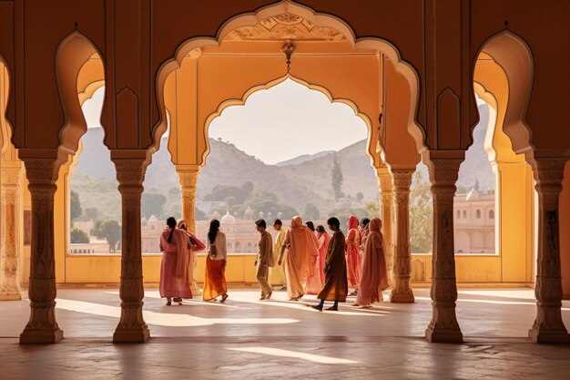 Photo a group of people are standing in front of a building with a large arch in the background