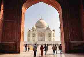 Photo a group of people are standing in front of a building with a large arch that says quot palace quot