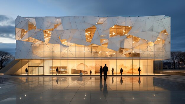 Photo a group of people are standing in front of a building with a large glass roof