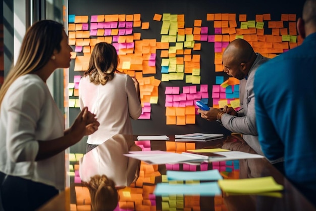 A group of people are standing in front of a desk with sticky notes and a man in a blue suit with the word " on it.