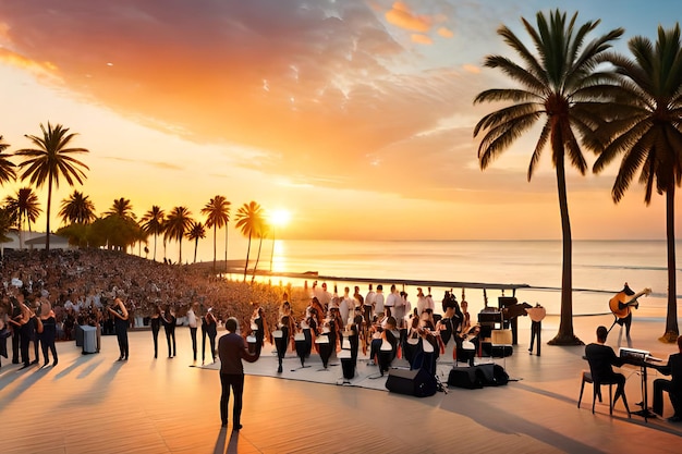 A group of people are standing in front of a palm tree and the sun is setting.