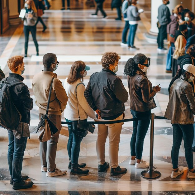 Foto un gruppo di persone si trova in fila in un edificio