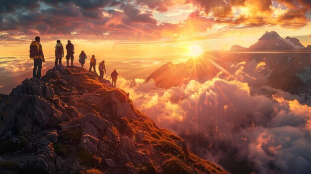 Photo a group of people are standing on a mountain top travel concept