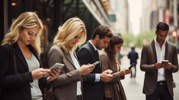 a group of people are standing outside with their phones