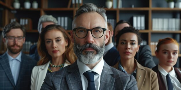 Photo group of people are standing in room with one man wearing suit and tie and beard man in suit is looking at camera and other people are looking at him