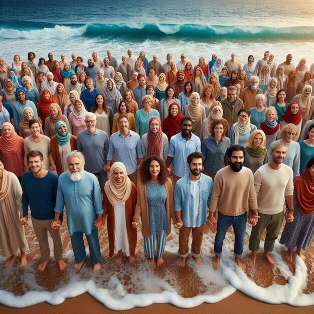 Photo a group of people are standing in the sand and one of them is wearing a blue dress