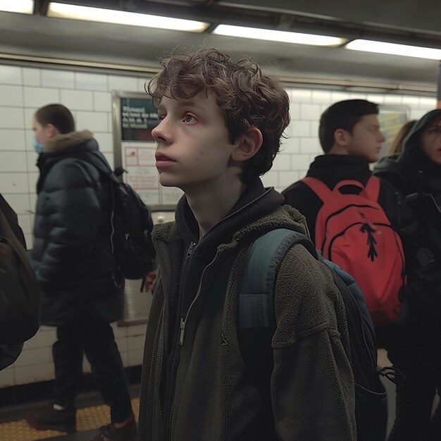 Photo a group of people are standing in a subway station