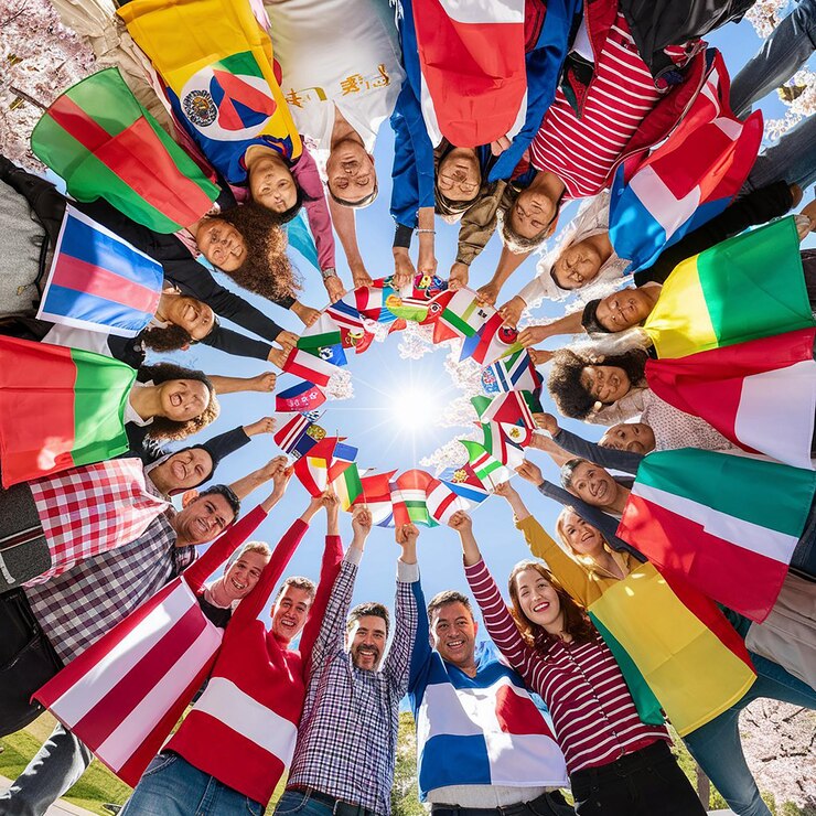 A group of people are standing together in a circle with the words international day of the year