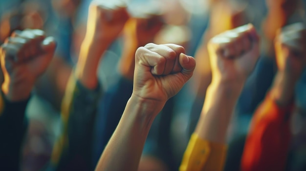 a group of people are standing together and raising their fists in the air